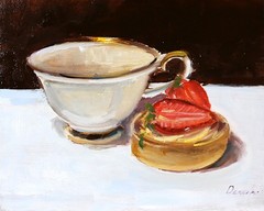 VINTAGE white cup and cake Oil Painting 8x10in Demenko
