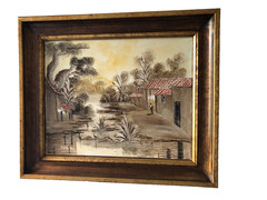 Oil painting on canvas landscape riverside village signed Rojas 2006 26×21 1/2