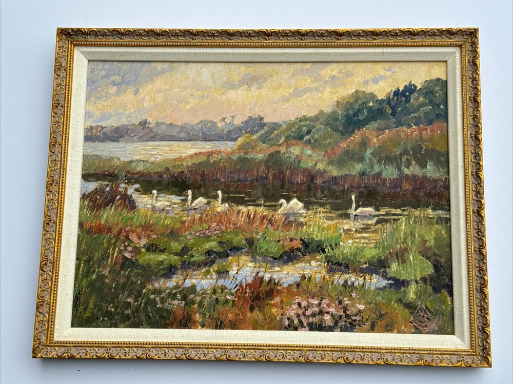 IMPRESSIONISM PANTING SWANS AT STANPIT LANDSCAPE 16 INCHES SIGNED YVONNE