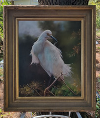 Vintage Factory Art Painting Bird On A Branch Egret 32″x29″ Read Description