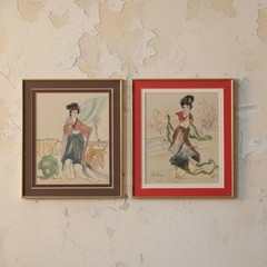 Vintage Signed Original Watercolor Paintings Asian Maiden Set of 2 Framed MCM