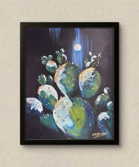 Original 14×11 Hand-Painted Prickly Pear Cactus Acrylic Painting – Greens & Gold