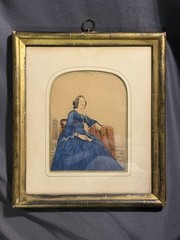 Antique Victorian Watercolor Portrait of Lady w/ Period Lemon Gold Frame