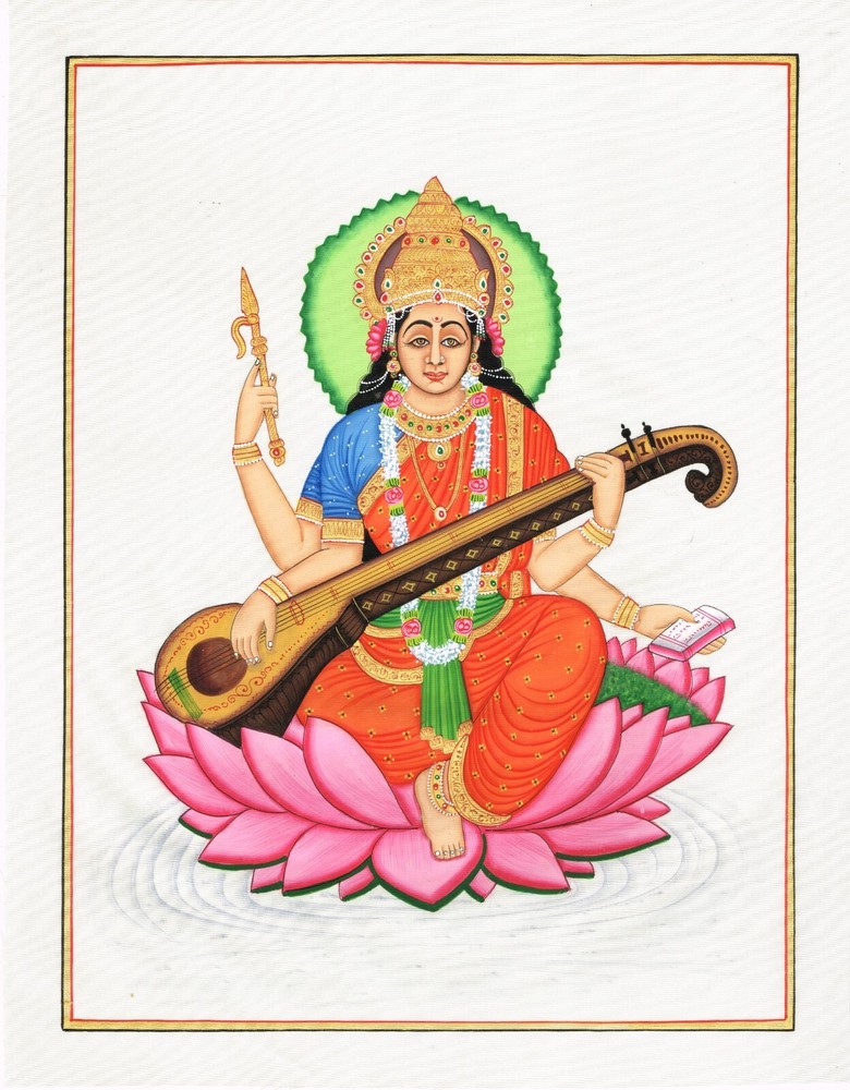Religious Painting Of‎ Goddess Saraswati With Veena On Silk Cloth 10×13 Inches