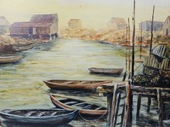 Vintage Polymer Painting on Board Harbor Water Boat Scene Signed Joyce Feucht