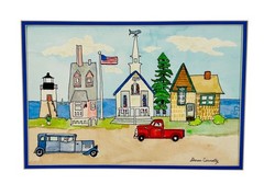 Hand-Painted Coastal American Town Scene Watercolor Art By Sharon Connolly 15” x