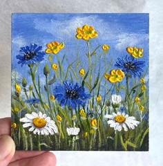 Summer ORIGINAL OIL PAINTING Landscape Wild flowers Meadow Art 4 x 4 in