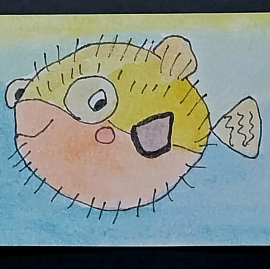 ACEO Original Art Card ATC Watercolor OOAK Signed Blowfish Fish Painting By GAT