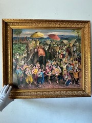 EXCEPTIONAL ANTIQUE THAILAND FOLK ART OIL PAINTING OLD VINTAGE ASIAN THAI PEOPLE