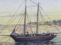 Sim P. Harper American Sail Boat Sailers Harbor Scene Watercolor Painting