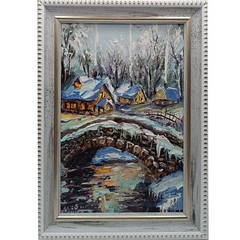 Original oil painting Winter landscape with huts Impasto Signature Size 6*4