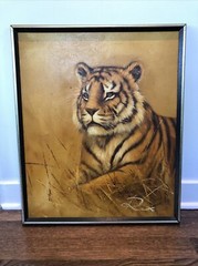 Vintage Large Tiger Painting Frame Signed REX 21 by 26 inches