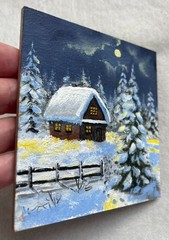 Winter Original Oil Painting Night Landscape House Forest Wall Art 4 x 4 in