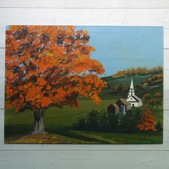 Vintage Naive Folk Art Autumn Landscape Oil Painting White Church Signed 12×16
