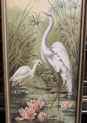 Antique 39×15” Water Lilies Cranes Oil Painting Birds Floral Landscape Lake SGND