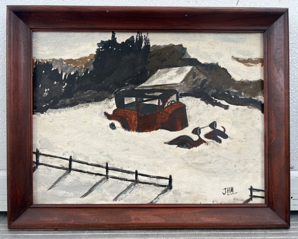 Original Ashcan Art Painting Tired Old Car Ford Model T on Wood Panel Meyer 1978