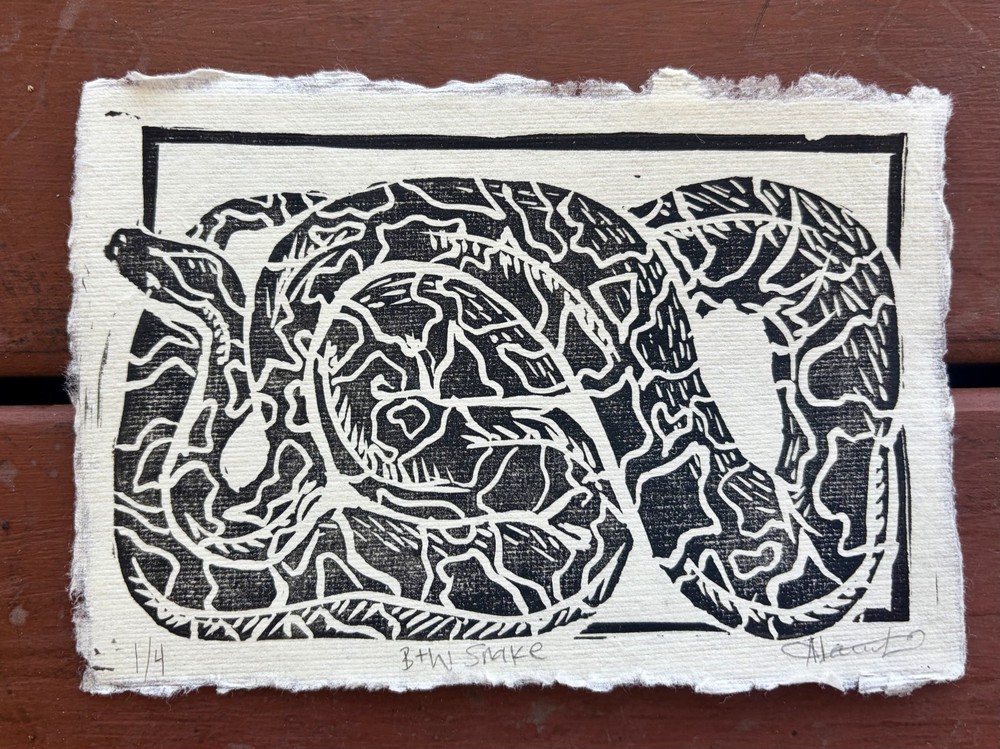 Original Linocut Snake B&W 1/4 Print Painting by Alannah Dyer- Mini Art 4×6 in