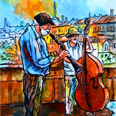 ACEO Original Street Musicians in Prague Music Pop Art Acrylic Hand Painting NEW