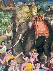 EXCEPTIONAL ANTIQUE THAILAND FOLK ART OIL PAINTING OLD VINTAGE ASIAN THAI PEOPLE