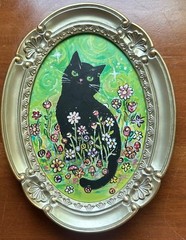 Original Ornate Framed Whimsical Painting Mini Black Cat Art 6×8” Signed Oval