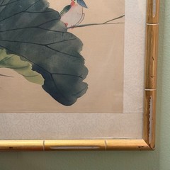 Vintage Chinese Silk Painting Lotus Kingfisher Gold Faux Bamboo Frame 19×30.5