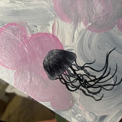 Hand Painted acrylic on canvas board Abstract Fluid And Jellyfish 9×12