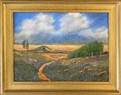 Antique Bluebonnet Oil Painting-Hill Country Landscape- Antique Frame