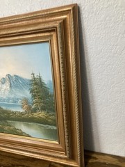 Oil On Canvas Mountain/Lake Landscape Painting With Gold Frame 12 X 16/ 18 X 22