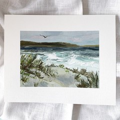 8×10 Original Oil Painting Seascape Sand Dunes Seagull Bird Coastal Art Signed