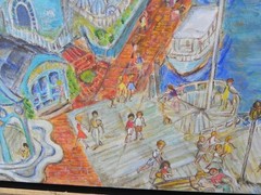 Whimsical contemporary painting of Potomac River quai by Anne Landry