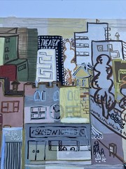 MID CENTURY PAINTING CUBIST ABSTRACT CITYSCAPE URBAN MODERNISM CUBISM WPA STYLE