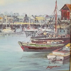 Vtg Oil on Board Painting Boats in the Harbor Signed Sargent? Framed 12″ x 14″ *