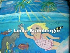 Beautiful Old Florida Inspired Painting Girl Underwater Manatee Sea Life Surreal