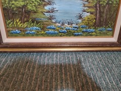 Original oil painting Vibrant!!! Blue Flowers Pond Forest Landscape SIGNED