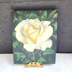 Small Original Oil Painting White Rose Flower On Canvas Artwork 9.75″ x 8″