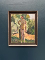 Mid Century Swedish Oil on Panel“Standing Woman” by Clara-Eva Dahlbom 43 × 36 cm