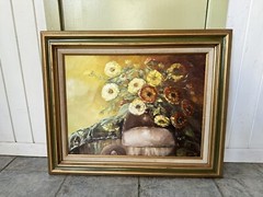 Vintage Oil Painting Canvas Floral Gold Frame With Linen Mat 25 1/2 x 31 1/2