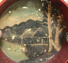 ANTIQUE PAINTED TAMBOURINE Drum Cabin Woods PORTRAIT DECORATIVE INSTRUMENT Music