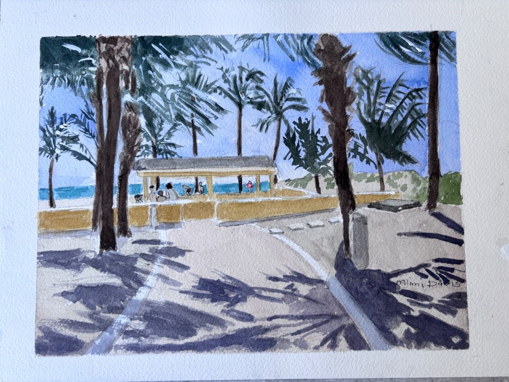 EL MAR BEACH CLUB, LBTS & POMPANOBCH FL/ORIG.W/C/ 9″ X 12″ /MIMI DAVIS, ARTIST