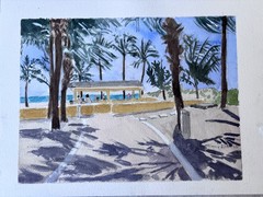 EL MAR BEACH CLUB, LBTS & POMPANOBCH FL/ORIG.W/C/ 9″ X 12″ /MIMI DAVIS, ARTIST