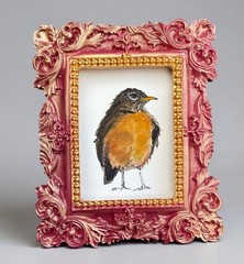 Robin bird watercolor print of original in mini vintage style ornate frame