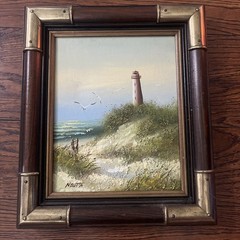 VTG Coastal Lighthouse Textured Beach Scene Oil Painting Wood Brass Frame Newton