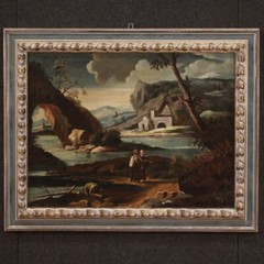 Antique painting landscape with characters seascape oil on canvas 18th century