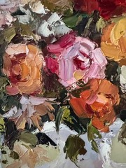 John Cho Signed Floral Oil Painting – Framed – Vibrant Impasto Style – 38×32 Inc