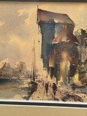 Gdańsk Crane Polish River SCENE Watercolor VNTG Professionally Framed Painting