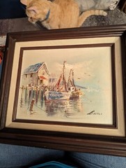 Signed Luini Fishing Boats Dock Oil Painting on Canvas Framed 8×10 Mid Century