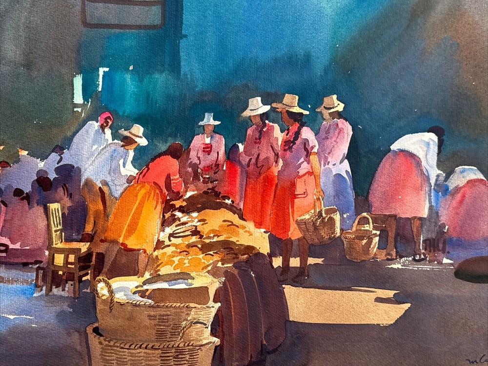 VINTAGE IMPRESSIONISM PAINTING MEXICO STREET SCENE VENDORS MARKET CASTILLO