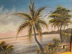 Vintage Tropical Island Carribean Palm Tree Thatch Hut Painting on Canvas Framed