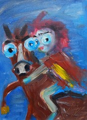 Horse rider 7.5×9″ oil painting handmade fun original artwork, cowboy cowgirl