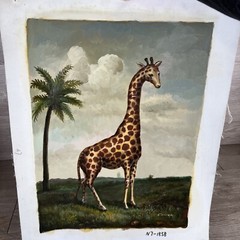 VTG Hand-Painted Giraffe & Palm Trees 15×19 Signed Original Artwork Zoo Animal